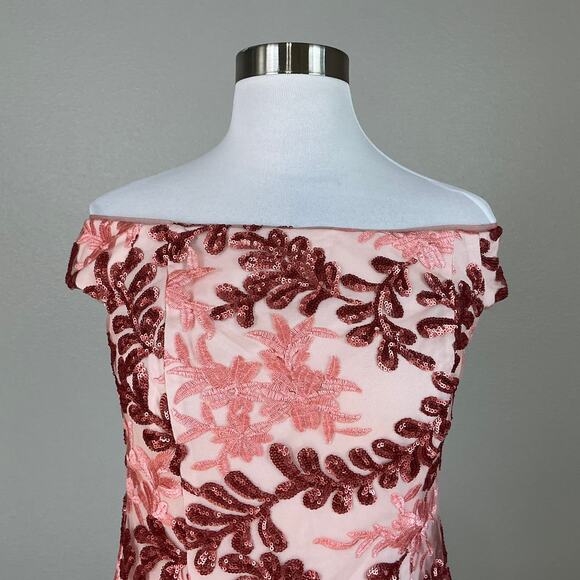 Adrianna Papell Sequin Off the Shoulder Cocktail Dress Pink Floral Midi Sheath - Picture 6 of 13